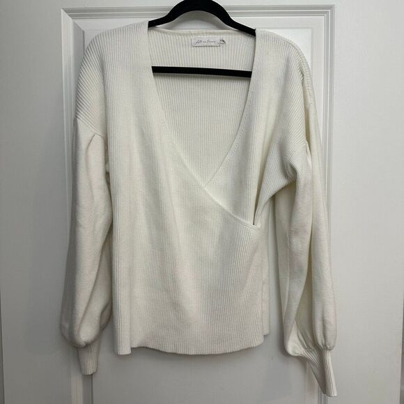 All in Favor Rib Bishop Sleeve Surplice Ribbed Sweater - Picture 2 of 4